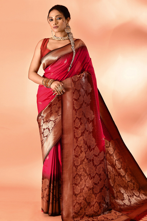 Cherry Red Soft Silk Saree With Weaved Work For Festival