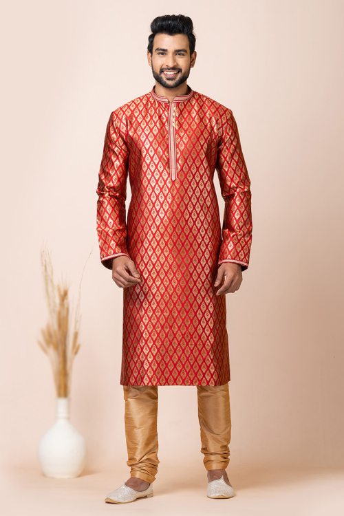 Cherry Red Weaved Zari Silk Traditional Men's Kurta With Churidar 