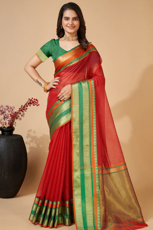 Cherry Red Woven Zari Kota Doria Broad Border Saree