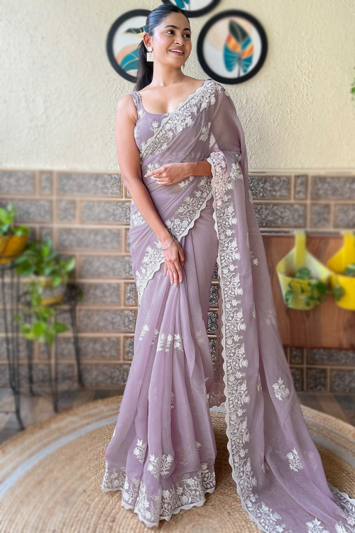 Chiffon Light Mauve Embroidered Shimmer Saree
