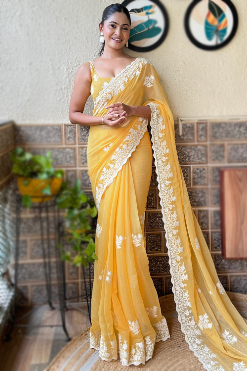 Chiffon Mustard Yellow Embroidered Shimmer Saree