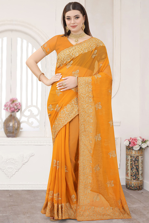 Chiffon Orange Embroidered Saree