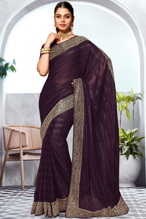 Chiffon Plum Purple Zari Embroidered Shimmer Saree
