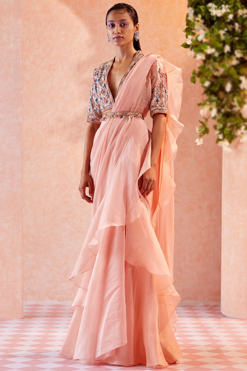 Chiffon Salmon Peach Ruffle Saree With Embroidered Blouse