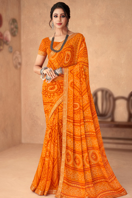 Chiffon Saree In Orange With Bandhani Print 