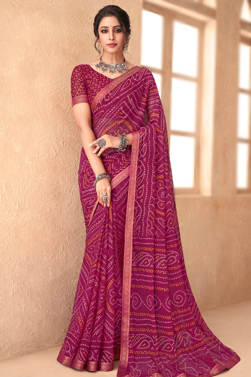 Chiffon Saree In Rani Pink With Print for Casual Wear 