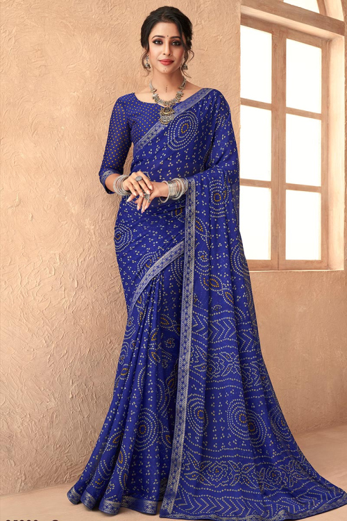 Chiffon Saree In Royal Blue with Printed Lace 