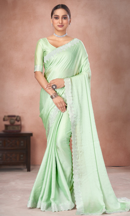 Chiffon Stone Embellished Light Weight Mint Blue Saree