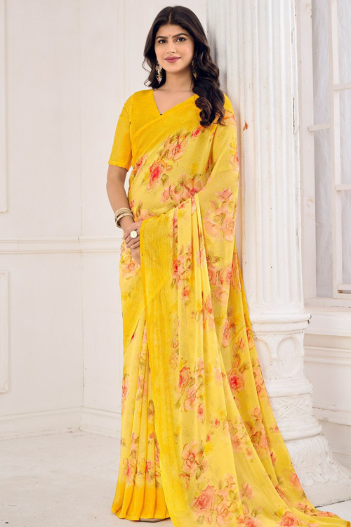 Chiffon Yellow Printed Saree for New Year Casual Wear