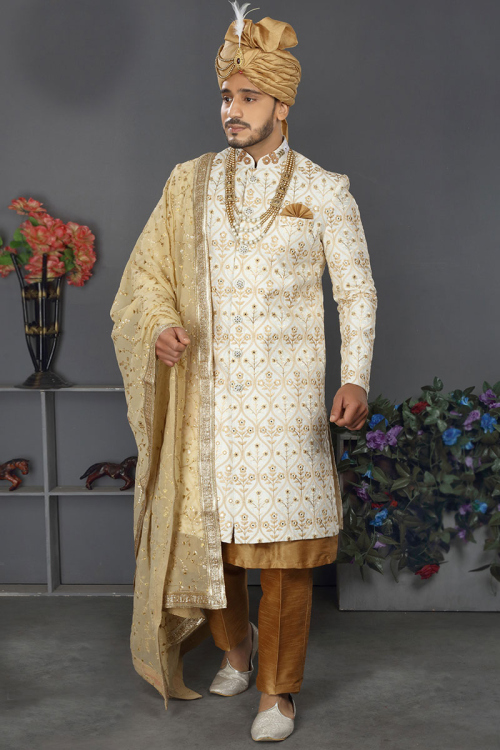 Chikko Brown Art Silk Plain Men's Sherwani