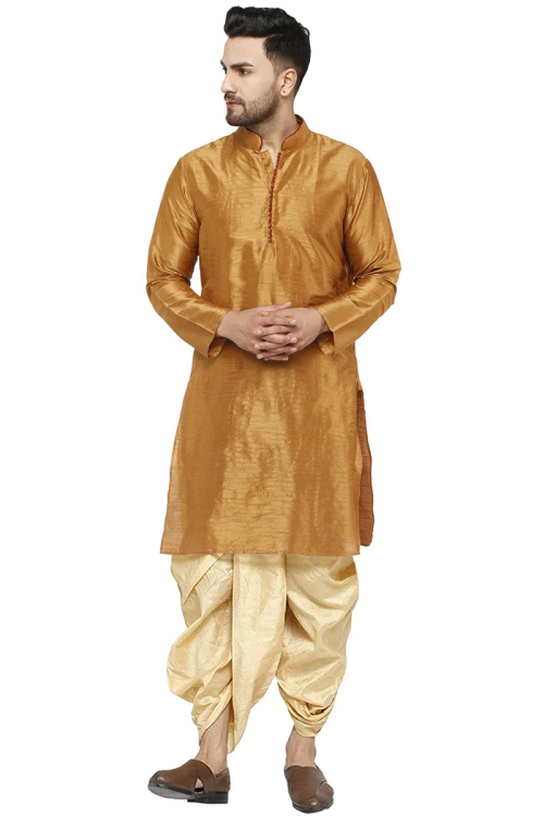Chikko Brown Dupion Silk Plain Men Dhoti Kurta