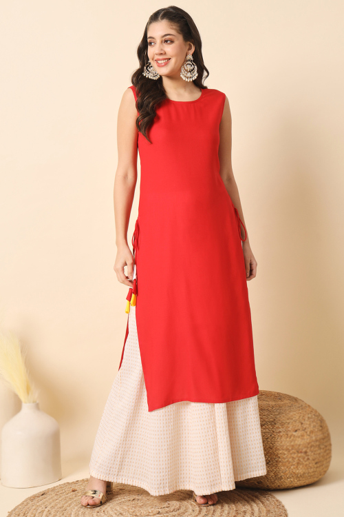 Chilly Red Cotton Kurti For Casual Wear