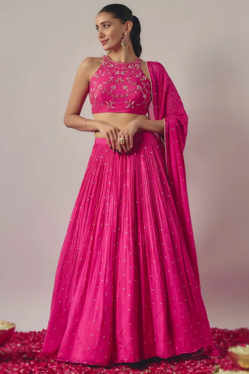 Chinnon Embroidered Dark Pink Flared Style Wedding Lehenga