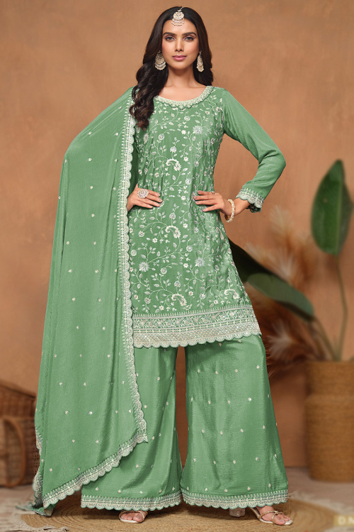 Chinnon Pistachio Green Embroidered Straight Cut Palazzo Suit