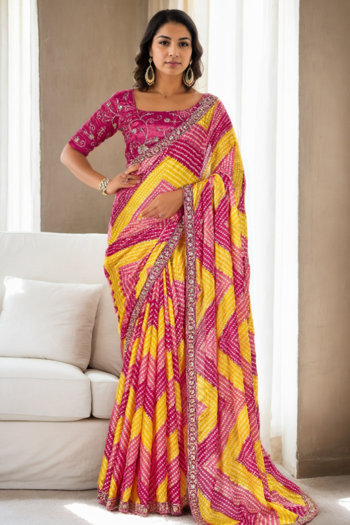 Chinnon Ruby Pink Bandhej Printed Saree 