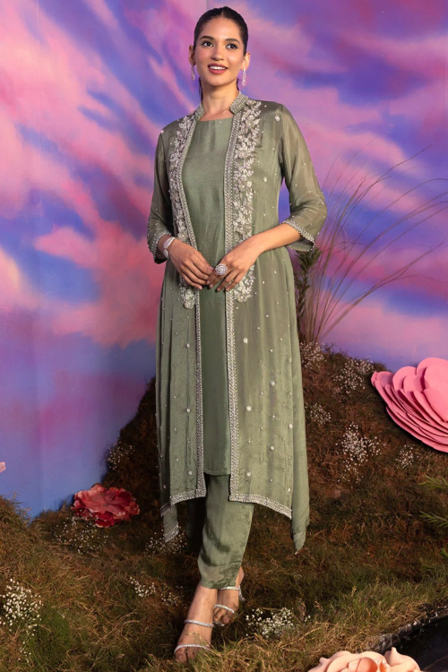 Chinnon Sage Green Indo-Western Trouser Suit with Zari Work for Wedding & Party