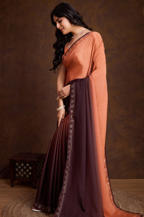 Chinnon Salmon Orange Ombre Printed Saree