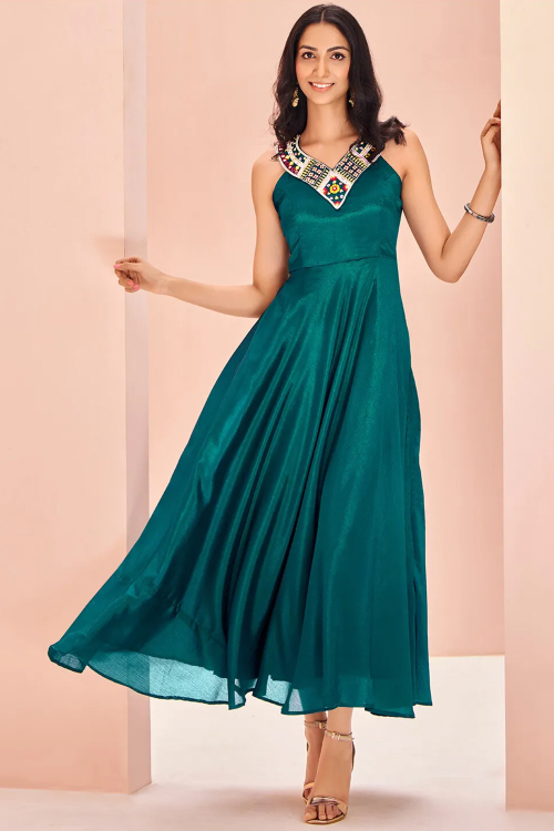 Chinnon Teal Green Indo-Western Kurti with Resham Work for Diwali