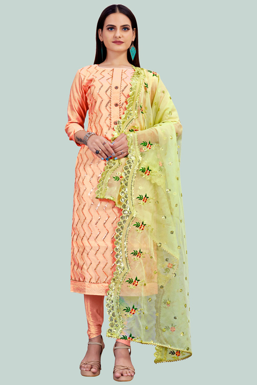 Coral Peach Chanderi Straight Cut Churidar Suit