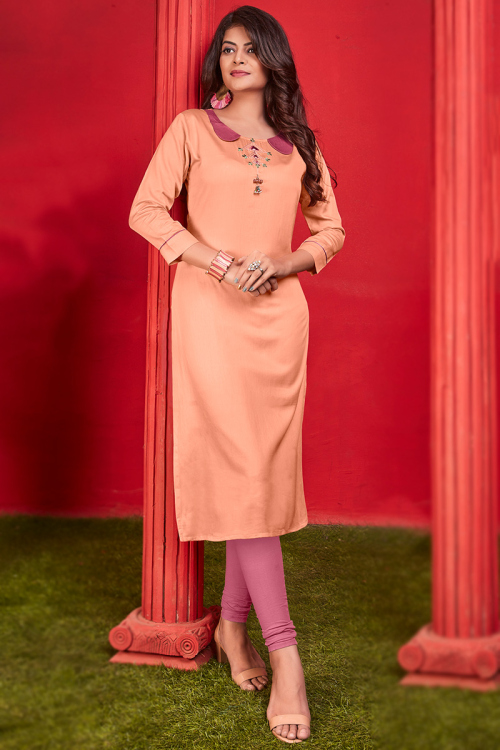 Coral Peach Cotton Straight Cut Kurti