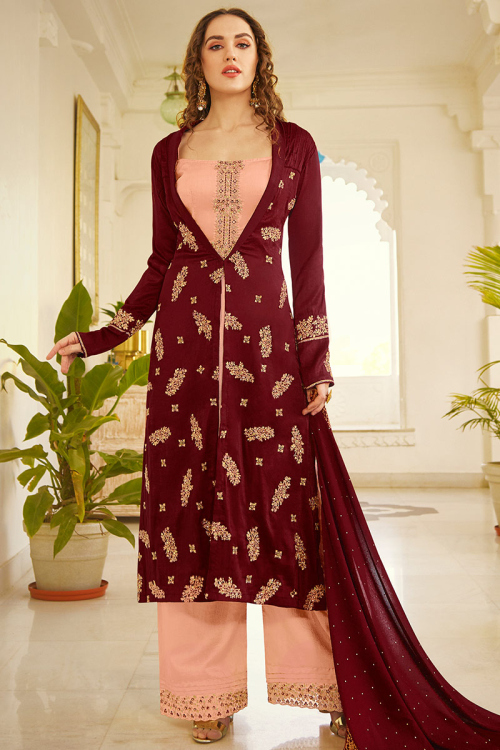 Peach Poly Silk Wedding Trouser Salwar Suit