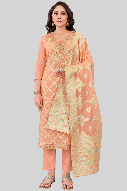 Coral Peach Weaved Chanderi Silk Straight Cut Trouser Suit