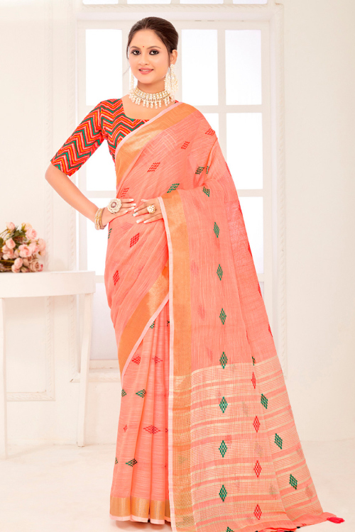 Coral Peach Woven Zari Linen Light Weight Saree 
