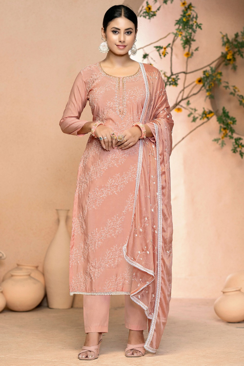 Coral Pink Cotton Silk Embroidered Casual Wear Suit