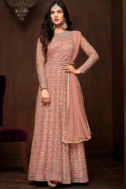 Coral Pink Indian Wear Soft Net Wedding Anarkali Salwar Suit