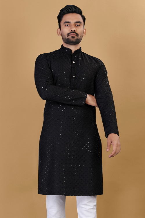 Cotton Black Embroidered Straight Cut Men's Kurta