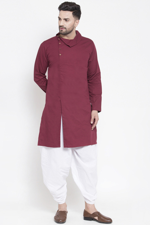 Cotton Burgundy Maroon Indo Western Men's Kurta Dhoti