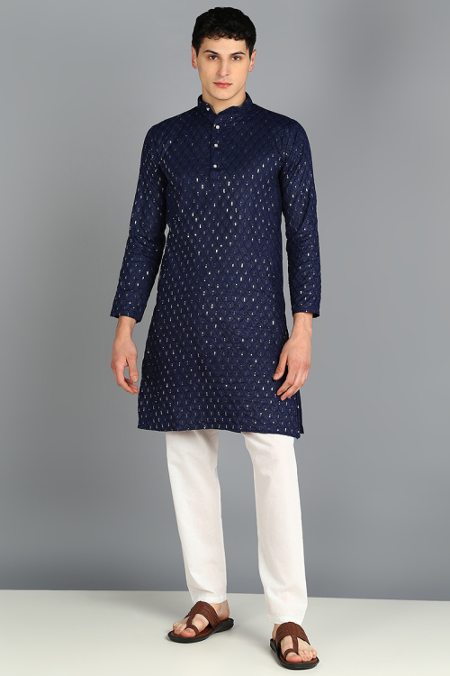 Cotton Navy Blue Embroidered Straight Cut Men's Kurta Pajama