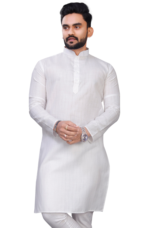 Cotton Off White Weaved Lurex Thread Straight Cut Men&#039;s Kurta 