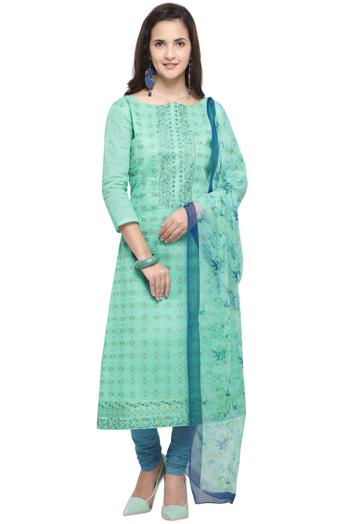 Cotton Pastel Mint Blue Embroidered Casual Wear Churidar Suit