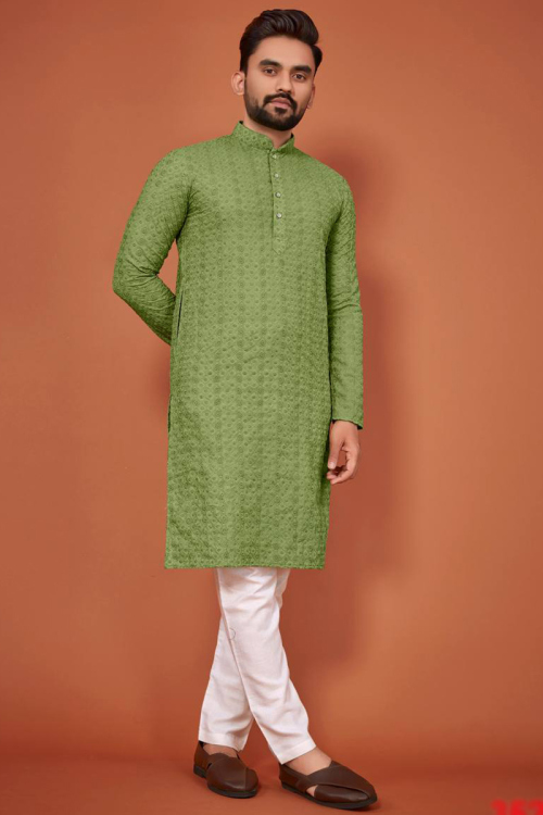 Cotton Pistachio Green Straight Cut Men's Kurta 