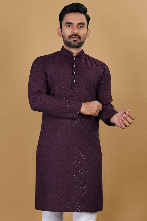 Cotton Plum Purple Embroidered Straight Cut Men's Kurta