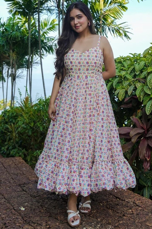 Cotton Rayon Light Beige with Printed Dress for Casual Wear