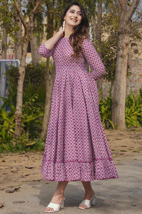 Cotton Rayon Mauve Dress with Printed Work for Casual Wear