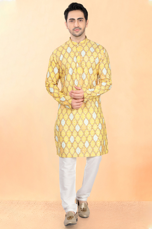 Cotton Rayon Mustard Yellow Bandhej Printed Men’s Kurta Churidar