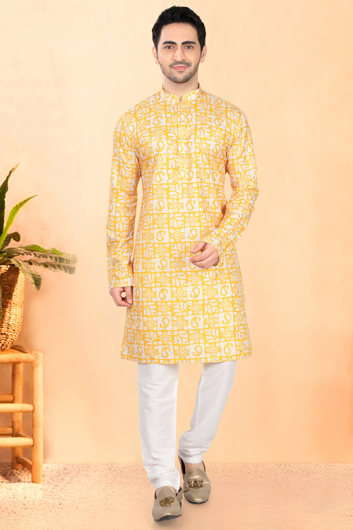 Cotton Rayon Mustard Yellow Printed Men’s Kurta Churidar