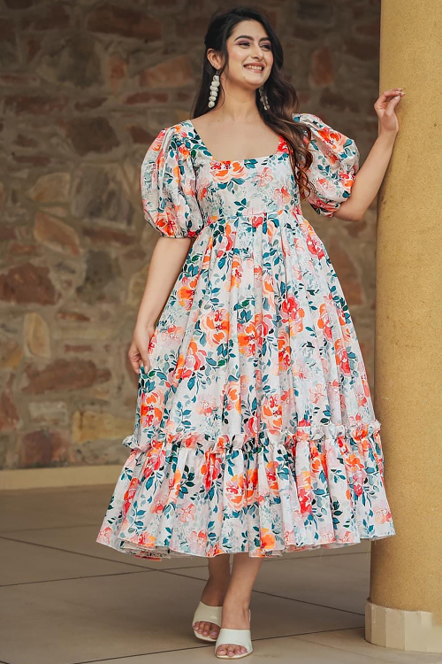 Cotton Rayon White Dress with Printed Work for Casual Wear