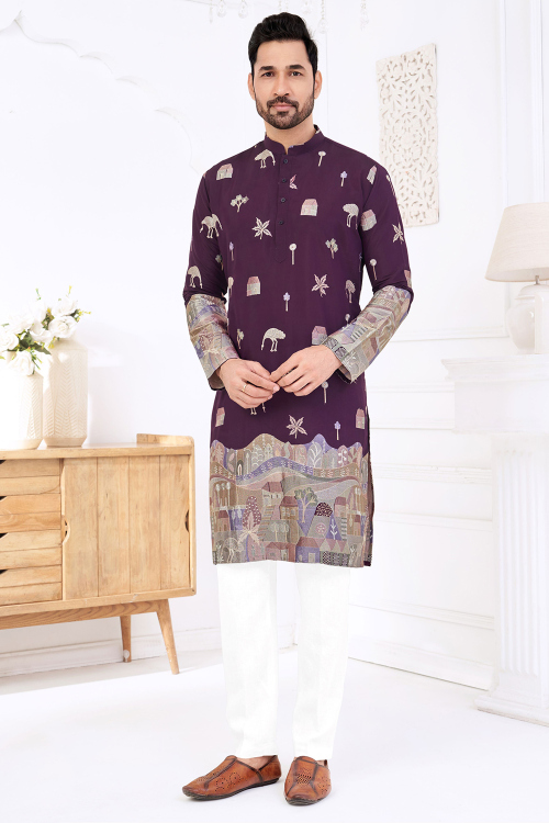 Cotton Silk Cotton Resham Thread Men&#039;s Kurta Pajama