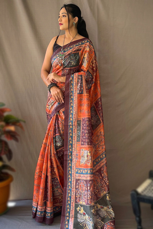 Cotton Silk Dusty Orange Kalamkari Printed Saree 