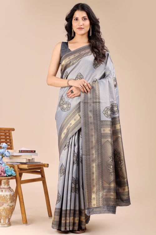 Cotton Silk Light Grey Saree With Weaved Work For Diwali
