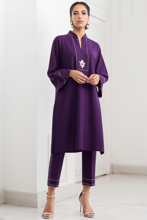 Cotton Silk Purple Pakistani Trouser Style Suit With Thread Work