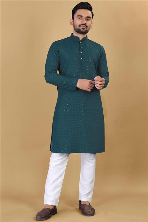 Cotton Teal Blue Embroidered Straight Cut Men's Kurta Pajama