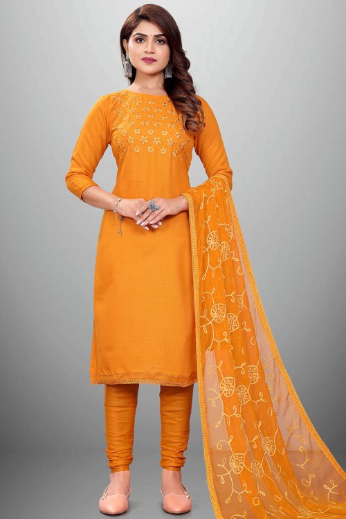 Cotton Turmeric Yellow Embroidered Straight Cut Suit