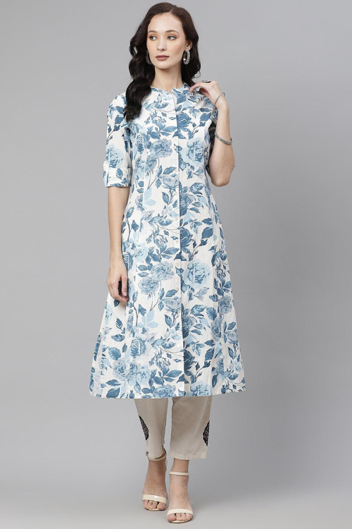 Cotton White Floral Printed A-Line Kurti