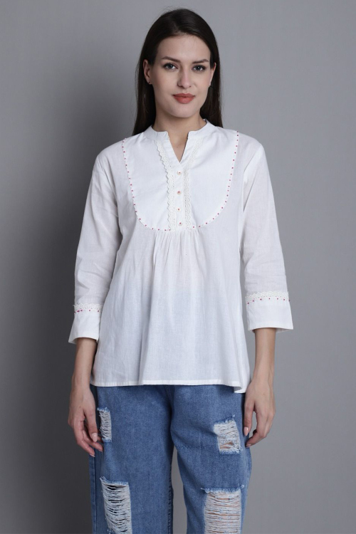 Cotton White Short Kurti With Printed Work For Casual Wear