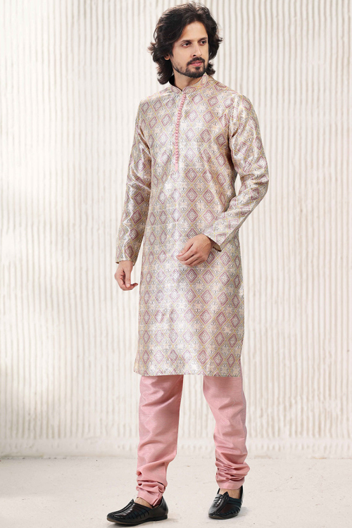 Cream Beige Banarasi Silk Printed Men's Kurta Churidar